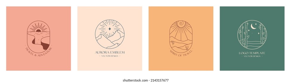 Vector linear boho emblems with forest,mountains landscape,cliffed coast and desert.Travel logos with trees,aurora lights,sun,coast,moon and stars.Modern hiking or camping labels in minimal style.