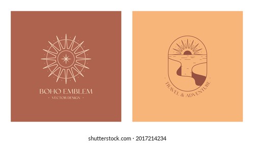 Vector linear boho emblems with rocky mountain landscape and guiding star.Travel logos with cliffed coast;sea,sun and sunburst.Modern hiking or camping label in trendy minimal style.Branding designs