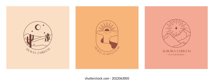 Vector linear boho emblems with rocky mountains, desert landscapes and mountain range.Travel logos with cliffed coast;aurora,sea,sun,desert dunes;cacti,moon,stars.Modern hiking or camping labels.