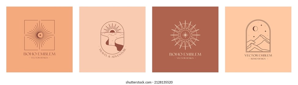 Vector linear boho emblems with rocky mountain landscape,guiding star and crescent.Travel logos with cliffed coast;sand dunes,sea,moon,sun and sunburst.Modern celestial icons.Branding designs