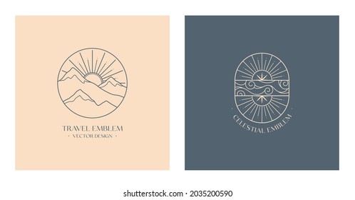Vector linear boho emblems with snowcapped mountain landscape;sun and sky concept.Travel logos with mountains ;sun and sunburst.Modern bohemian icons or symbols in trendy minimal style.Branding design