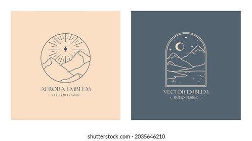 Vector linear boho emblems with snowcapped mountain landscapes.Travel logos with mountains;sea or lake,aurora lights,moon and stars.Modern bohemian icons or symbols in minimal style.Branding design