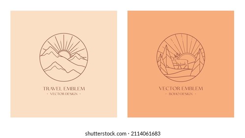 Vector linear boho emblems with snowcapped mountain landscape,forest with deer.Travel logo with spruces,mountains,snow hills,sun and sunburst.Modern hike,camp,nature reserve or wildlife refuge label