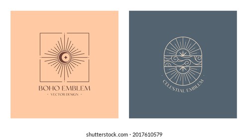 Vector linear boho emblems.Bohemian logos design with cloudy sky,crescent moon,sun and sunburst.Modern celestial icons or symbols in trendy minimalist style.Branding design templates.