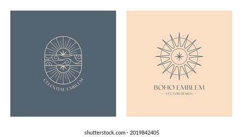 Vector linear boho emblems.Bohemian logos design with cloudy sky,crescent moon,sun and sunburst.Modern celestial icons or symbols in trendy minimalist style.Branding design templates.
