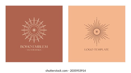 Vector linear boho emblems.Bohemian logos design with star,sun and sunburst.Modern celestial icons or symbols in trendy minimalist style.Branding design templates.