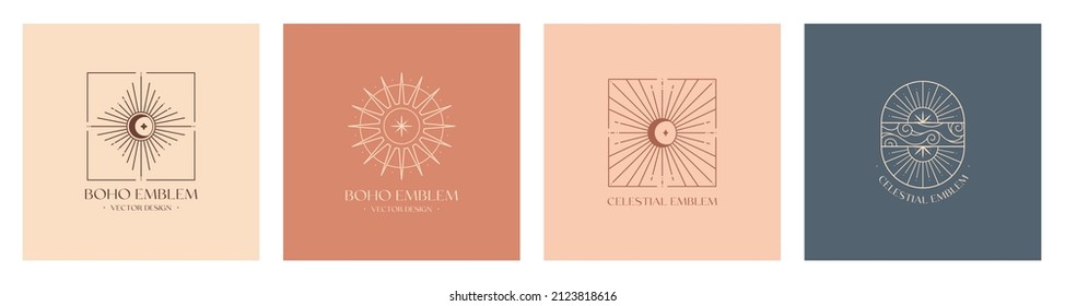 Vector linear boho emblems.Bohemian logos design with cloudy sky,guiding star,crescent moon,sun and sunburst.Modern celestial icons or symbols in trendy minimalist style.Branding design templates.