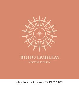 Vector linear boho emblems.Bohemian logos design with cloudy sky,guiding star,crescent moon,sun and sunburst.Modern celestial icons or symbols in trendy minimalist style.Branding design templates.