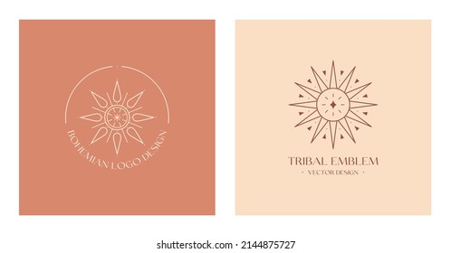 Vector linear boho emblems.Bohemian tribal logos design with star,sun or moon and sunburst.Modern celestial icons or symbols in trendy minimalist style.Branding design templates.