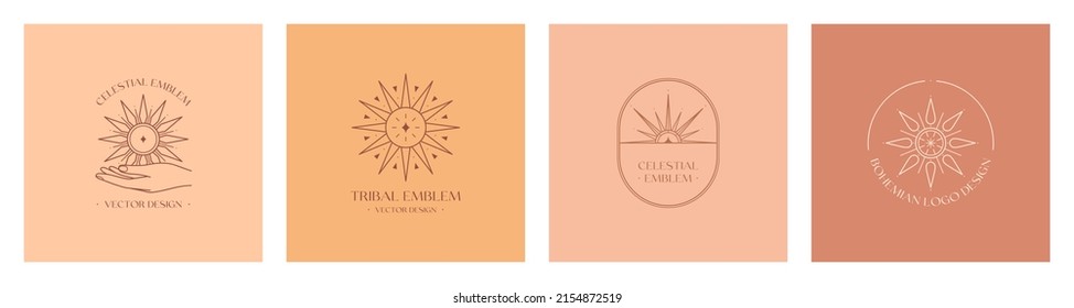 Vector linear boho emblems.Bohemian tribal logos design with star,sun or moon and sunburst.Modern celestial icons or symbols in trendy minimalist style.Branding design templates.