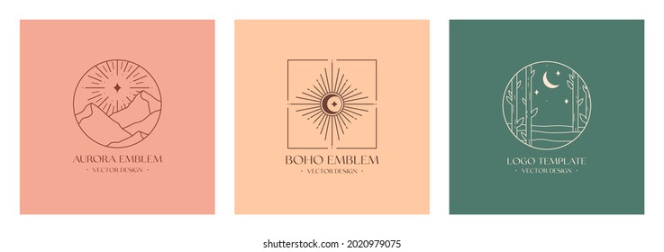 Vector linear boho icons with abstract forest, mountains landscape and bohemian emblem.Travel labels with trees,aurora lights,crescent moon and stars.Modern hiking or camping logos in minimal style.