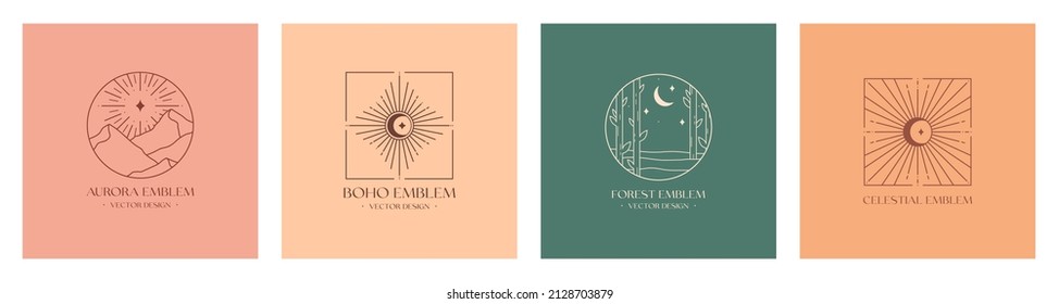 Vector linear boho icons with abstract forest, mountains landscape and bohemian emblem.Travel labels with trees,aurora lights,crescent moon and stars.Modern hiking or camping logos in minimal style.