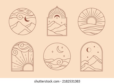 Vector linear boho icons with mountains landscape,desert,sea.Travel emblems with mountains or sand dunes;sun with sunburst,moon and aurora lights.Modern bohemian symbols in oriental style.