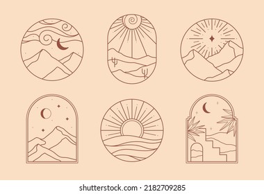 Vector linear boho icons with mountains landscape,desert with cacti,sea.Travel emblems with mountains or sand dunes;moon and aurora lights.Modern bohemian symbols in oriental style.