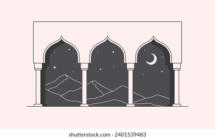 Vector linear boho illustration with abstract mountain landscape in moroccan window.Travel emblem with mountains or desert dunes;moon,stars.Bohemian label in oriental style.Branding design template.