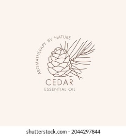 Vector linear botanical icon and symbol - cedar. Design logo for essential oil cedar. Natural cosmetic product.