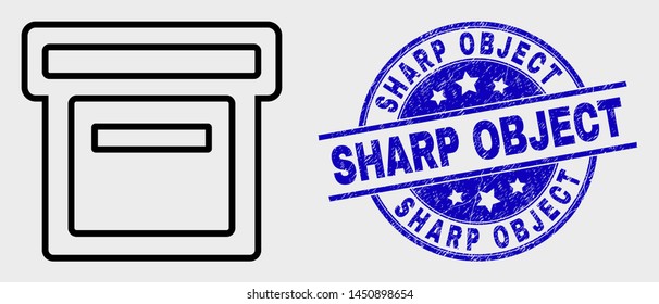 Vector linear box pictogram and Sharp Object seal. Blue rounded scratched seal stamp with Sharp Object phrase. Black isolated box icon in linear style.