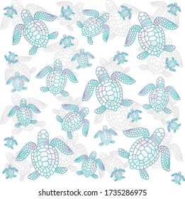 Vector linear bright colored silhouettes of turtles, seamless pattern