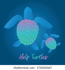 Vector linear bright gradient colored turtles on blue background and text to help