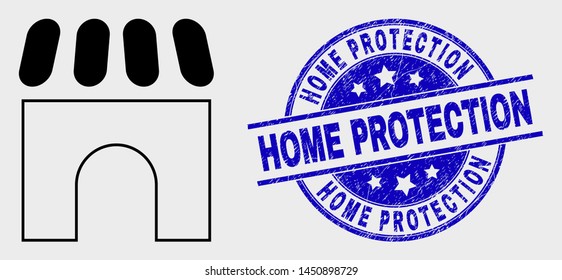 Vector linear building icon and Home Protection seal. Blue round textured seal with Home Protection caption. Black isolated building icon in linear style.