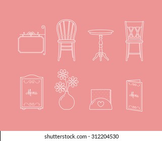 Vector linear cafeteria furniture and decorations icon set