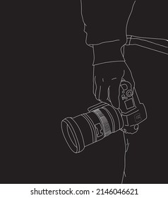 Vector linear camera.
Photo artist hand drawing on black background.