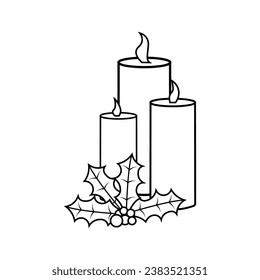 Vector linear candles with mistletoe on white background.