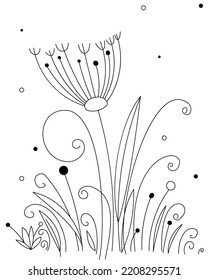 Vector linear card of abstract flower, swirls, lines, leaves, pollen. Forest postcard.