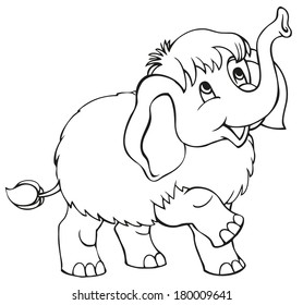 Vector linear cartoon. Cute baby mammoth isolated on white background