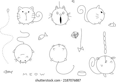 Vector linear cats in a round shape. Fed up abstract cats. Sits, surprised, catches a mouse, lies