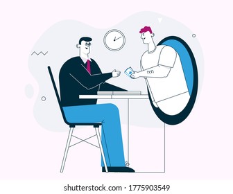 Ilustración de carácter lineal vectorial del Comprador paga online al Gerente de ventas. Escena de marketing digital, banca por Internet, transacciones financieras remotas, pago en efectivo, servicios en metáfora telepuerto