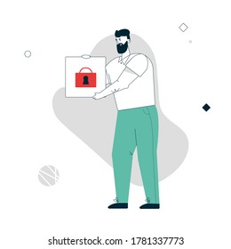 Vector linear character illustration of man holds lock button. Online security, password verification, access, support. Concept of teamwork, working on project, collect puzzle element, creative work