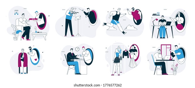 Vector linear character illustration of online services in futuristic teleport metaphor scenes set. Study at home, food delivery, running exercise, medicine, shopping, payment, electronic signature