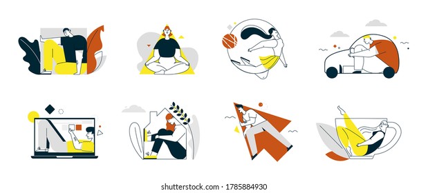 Ilustración de carácter lineal vectorial de personas rellenando formas establecidas aisladas. Hombres, mujeres dentro de cuadrado, triángulo, círculo, flecha, silueta de auto, laptop, casa, taza. Hogar, trabajo, metáforas de estilo de vida