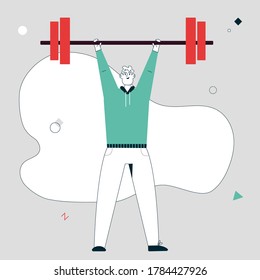 Vector linear character illustration of smiling sportsman lifted barbell weight. Man on weightlifting training. Bodybuilding workout, strength training, sports activity in gym, healthy lifestyle