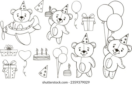 Vector linear children illustration. Cute bears celebrating a birthday. Teddy bear flying on airplane, on balloons. Collection for children's birthday. Gifts, cakes, balloons. Hand-drawn illustrations