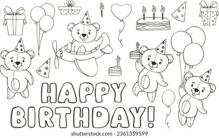 Vector linear children illustration. Cute bears celebrating a birthday. Teddy bear flying on airplane, on balloons. Collection for children's birthday. Gifts, cakes, balloons. Hand-drawn illustrations