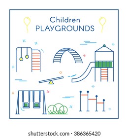 Vector Linear Children's Playground Design Elements Set in Line Style - swing, slide, rocker, rope ladder. Thin line art icons. Playground design elements for map. 
