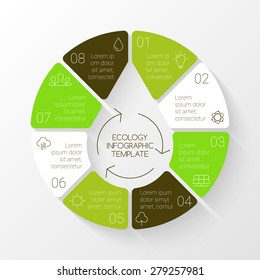 Vector linear circle eco infographic. Ecology template for diagram, graph, presentation and chart. Environmental care concept with 8 options, parts, steps or processes. Nature concept. Linear graphic.