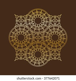Vector linear circle element. Geometric ornate golden element on dark brown background. Ornamental vintage pattern for wedding invitations, birthday and greeting cards. Traditional outline decor.
