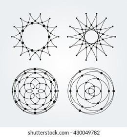 Vector linear circles, stars, spiral abstract logos and round shapes. Design elements of dots and lines.