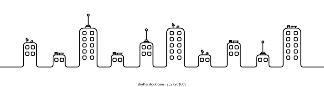 Vector linear city icons. Black city icon. Houses in order linear style drawing. Different types of houses vector set. Manufacture and infrastructure of the city line vector.