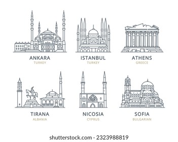 С Sammlung von Vektorgrafiken und linearen Stadtsymbolen. Diese hochwertigen Icons erfassen das Wesen städtischer Landschaften und eignen sich somit perfekt für verschiedene kreative Reiseprojekte.