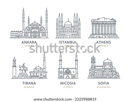 Сollection of vector and linear city icons. These high-quality icons capture the essence of urban landscapes, making them perfect for various creative travel projects.