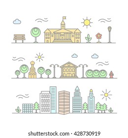 Vector linear city illustration in trendy style, mono line buildings
