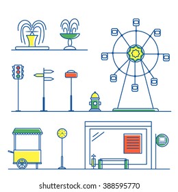 Vector Linear City Landscape Design Elements Set in Line Style - fountains, traffic light, street signs, hydrant, ferris wheel,  ice cream cart, street clock, bus stop. City design elements for map. 