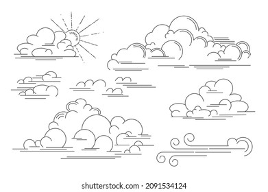 Vector linear clouds  Set isolated contour images clouds  wind   storm eddy  Outline vector illustration  Vintage line retro style