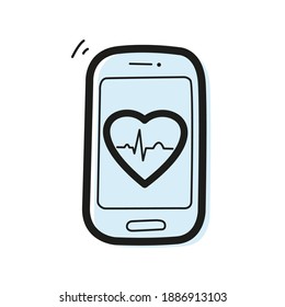 Vector linear color icon in the form of a smartphone with a heart and an ECG graph inside. Telemedicine and cardiology concept.