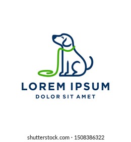 Vector linear colorful illustration of funny dog. wearing collar leash Logo icon design template. Abstract concept for pet shop or veterinary.