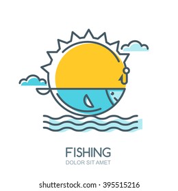 Vector Linear Colorful Illustration Of Sun, Fish In The Sea, Fishing Rod And Hook. Fishing Logo, Label, Badge Or Emblem Design Elements. 